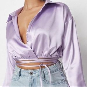 NWT Missguided lilac wrap front cropped satin shirt